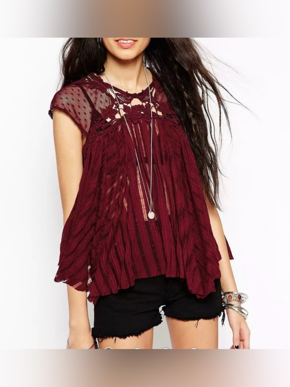 Free People ‘Stars Align’ Sheer Swiss Dot Swing Top in Wine Red size Small - Picture 6 of 13